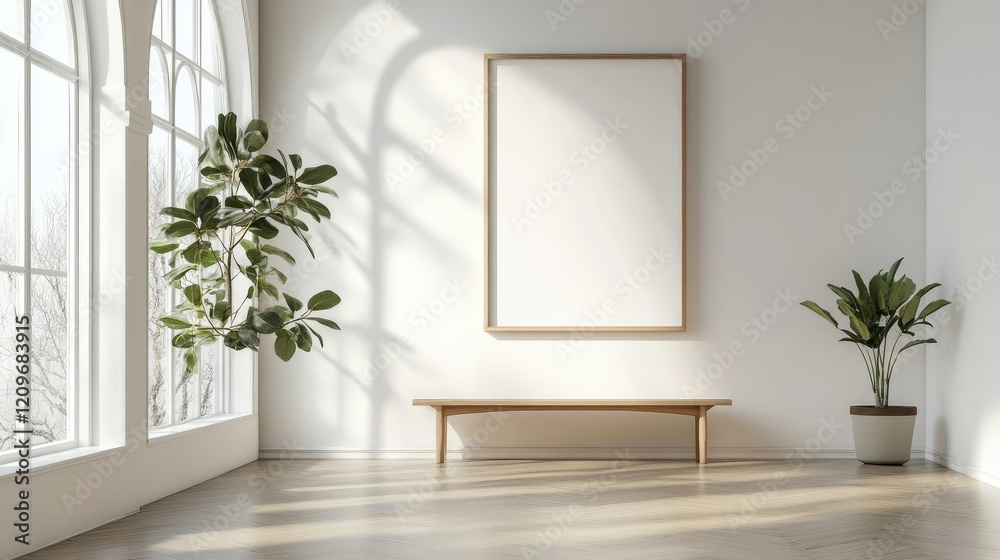 Blank wall frame above a simple bench in a Scandinavian-style room Blank wall frame above a simple bench in a Scandinavian-style room