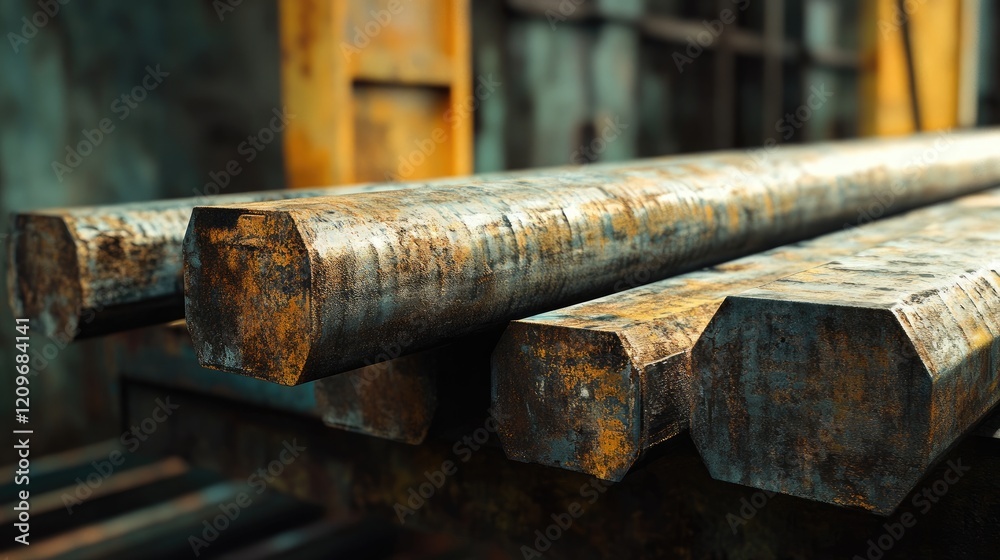 Rusty steel bars stacked in a workshop with a blurred industrial background showcasing textures and details of metal materials. Rusty steel bars stacked in a workshop with a blurred industrial background showcasing textures and details of metal materials.