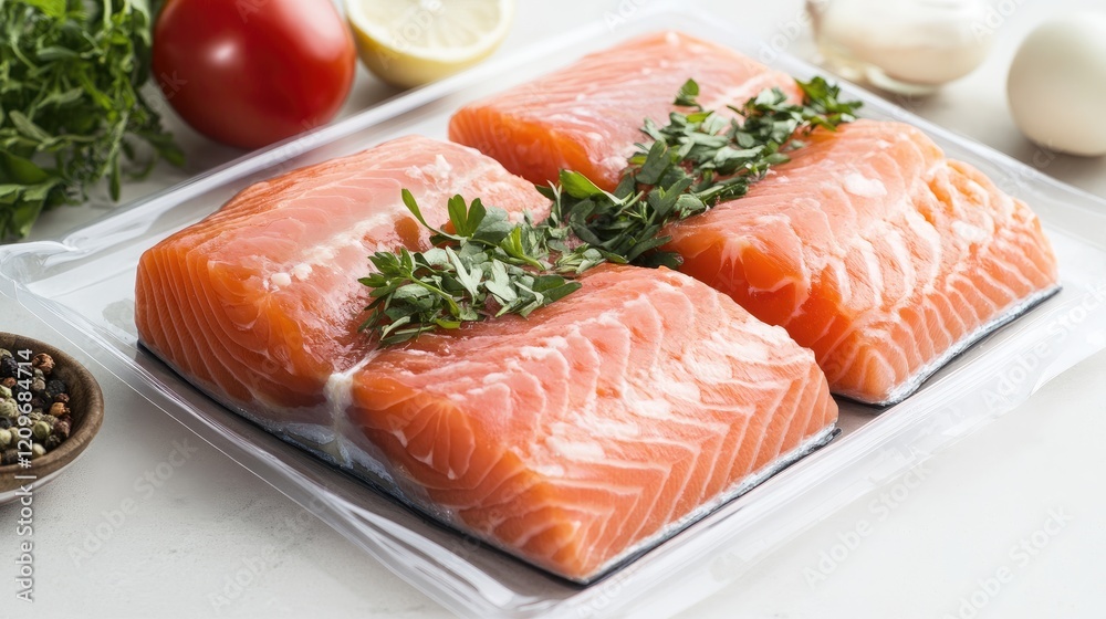 Fresh salmon fillets garnished with herbs ready for preparation in a clean kitchen setting with vegetables and spices nearby Fresh salmon fillets garnished with herbs ready for preparation in a clean kitchen setting with vegetables and spices nearby