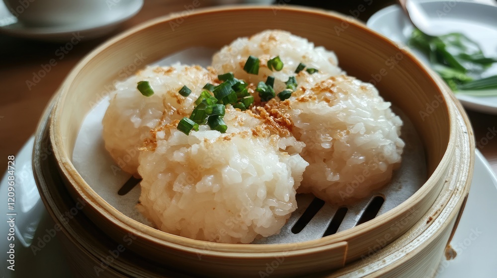 Steamed rice balls served in a bamboo steamer with scallions and garnish for an authentic Asian cuisine experience Steamed rice balls served in a bamboo steamer with scallions and garnish for an authentic Asian cuisine experience