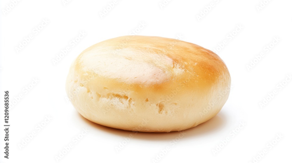Steamed bun perfectly shaped with a golden-brown top isolated on a clean white background ideal for food-related concepts and marketing. Steamed bun perfectly shaped with a golden-brown top isolated on a clean white background ideal for food-related concepts and marketing.