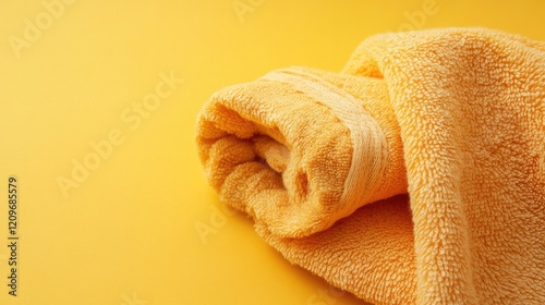 Rolled yellow terry cloth towel on vibrant yellow background showcasing softness and absorbency for home and spa settings photo