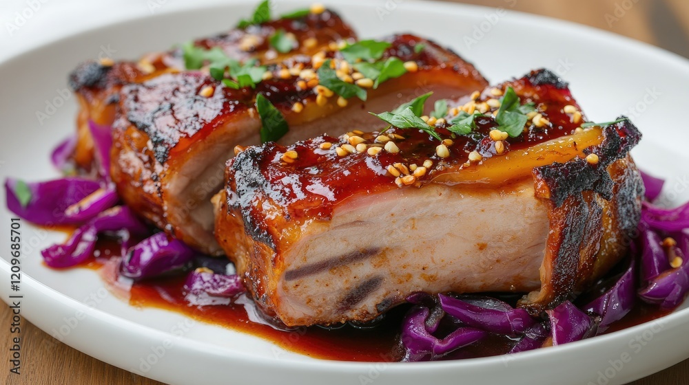 Deliciously Glazed Pork Belly on Mustard Cabbage with Sesame Garnish Plated Elegantly for Culinary Inspiration and Recipes Deliciously Glazed Pork Belly on Mustard Cabbage with Sesame Garnish Plated Elegantly for Culinary Inspiration and Recipes