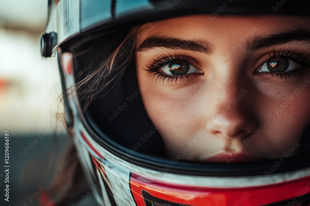 Intense portrait of a focused car racer in a helmet showcasing determination and speed, generative AI Intense portrait of a focused car racer in a helmet showcasing determination and speed, generative AI