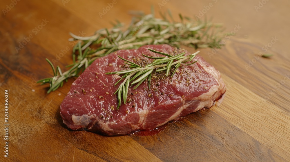 Rare marbled beef steak with fresh rosemary on wooden kitchen surface showcasing delicious cooking ingredients for recipes Rare marbled beef steak with fresh rosemary on wooden kitchen surface showcasing delicious cooking ingredients for recipes