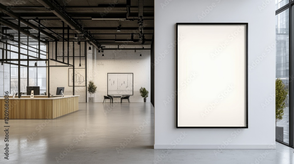 Blank wall frame in a modern, white-walled gallery space Blank wall frame in a modern, white-walled gallery space