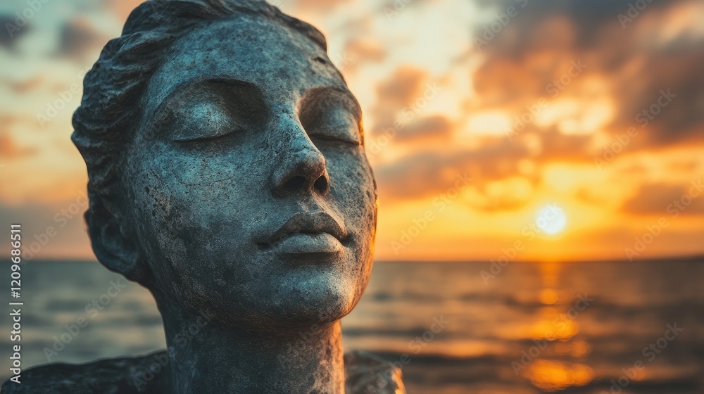 Serene statue of a woman's face illuminated by a vibrant sunrise over the calm ocean waters creating a tranquil and reflective atmosphere Serene statue of a woman's face illuminated by a vibrant sunrise over the calm ocean waters creating a tranquil and reflective atmosphere