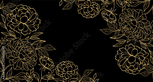 Gold peonies frame. Elegant and luxury background. For wedding invitation, wall art, wallpaper, flyers, fashion design, greeting cards