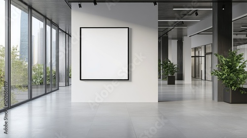 Blank wall frame in a modern, white-walled gallery space
