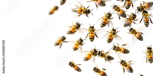 A swarm of bees flying in unison, captured in motion against a white background photo