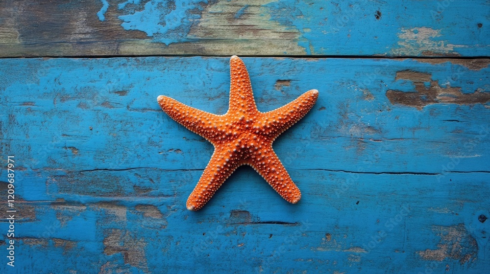 Starfish on vibrant blue wooden surface with space for text creative coastal decor concept Starfish on vibrant blue wooden surface with space for text creative coastal decor concept
