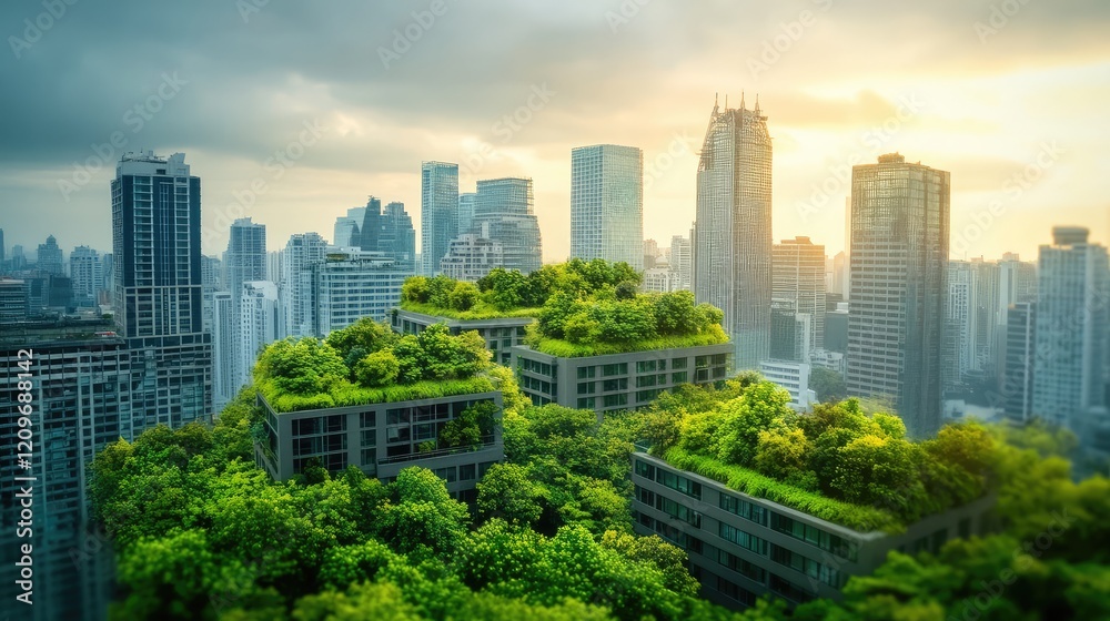 Urban skyline at sunset featuring modern buildings with lush green rooftops and vibrant greenery in the foreground, creating a serene cityscape atmosphere. Urban skyline at sunset featuring modern buildings with lush green rooftops and vibrant greenery in the foreground, creating a serene cityscape atmosphere.