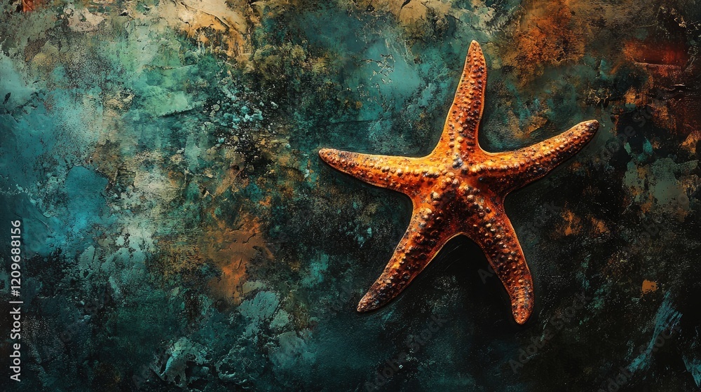 Vibrant Starfish on a Textured Oceanic Background with Rich Blue and Earthy Tones Vibrant Starfish on a Textured Oceanic Background with Rich Blue and Earthy Tones