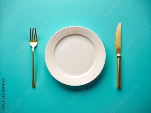 Elegant Flat Lay Table Setting: Blue Background, White Plate, Gold Cutlery