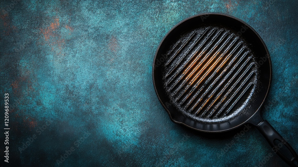 Grill pan on textured background with vibrant colors showcasing cooking space for food preparation and culinary creativity Grill pan on textured background with vibrant colors showcasing cooking space for food preparation and culinary creativity