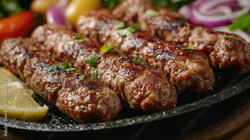 Grilled Cevapi Balkan Skewers with Fresh Herbs and Vegetables on a Serving Plate Grilled Cevapi Balkan Skewers with Fresh Herbs and Vegetables on a Serving Plate