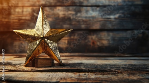 Golden star award on rustic wooden background showcasing achievement and recognition concepts. photo