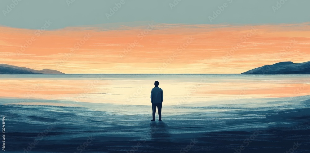 Solitary Figure Contemplates Serene Sunset Seascape Solitary Figure Contemplates Serene Sunset Seascape