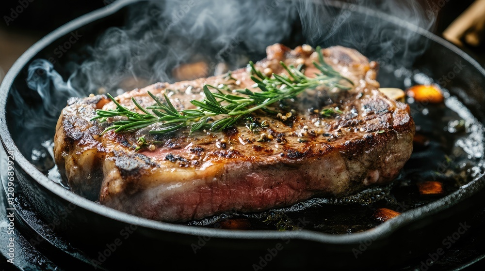 Sizzling steak with fresh herbs and smoke in a cast iron skillet showcasing mouthwatering culinary presentation Sizzling steak with fresh herbs and smoke in a cast iron skillet showcasing mouthwatering culinary presentation
