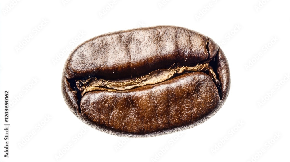 Single roasted coffee bean on white background showcasing texture and color for use in food and beverage design or advertising concepts. Single roasted coffee bean on white background showcasing texture and color for use in food and beverage design or advertising concepts.