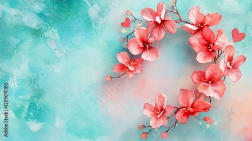 Coral Orchids Arranged in a Semi Circle on Aqua Background