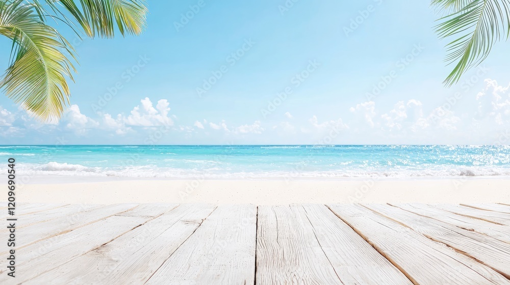 Fototapeta premium Tropical beach scene with wooden deck, ocean view, sunny sky, palm leaves, for summer travel promotions