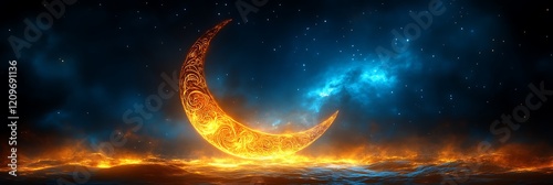Fiery crescent moon over fiery landscape.