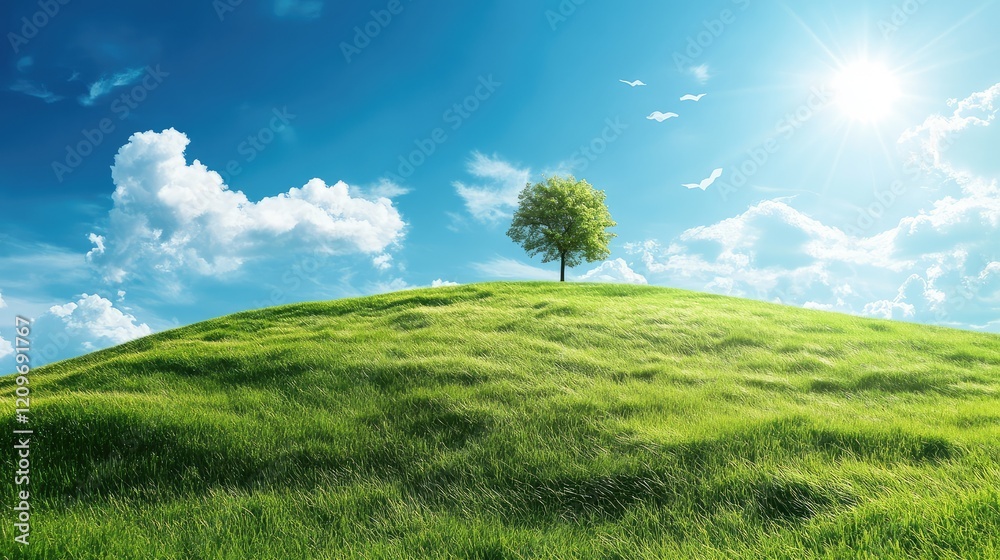 Vibrant Green Hill Under Bright Blue Sky with Solitary Tree Symbolizing Renewable Energy and Sustainable Living in Eco-Friendly Landscape Vibrant Green Hill Under Bright Blue Sky with Solitary Tree Symbolizing Renewable Energy and Sustainable Living in Eco-Friendly Landscape