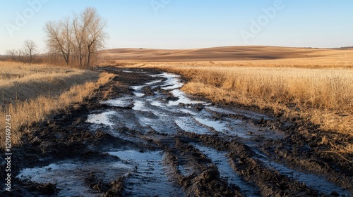 Aerial View of Black Crude Oil Pollution in Agricultural Field Highlighting Soil Contamination and Sustainability Challenges Against a Brown Landscape