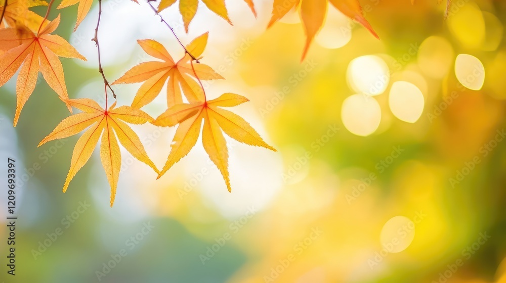 Vibrant Golden Autumn Leaves Gently Swaying in a Serene Green Forest with Soft Bokeh Background and Warm Natural Light Vibrant Golden Autumn Leaves Gently Swaying in a Serene Green Forest with Soft Bokeh Background and Warm Natural Light
