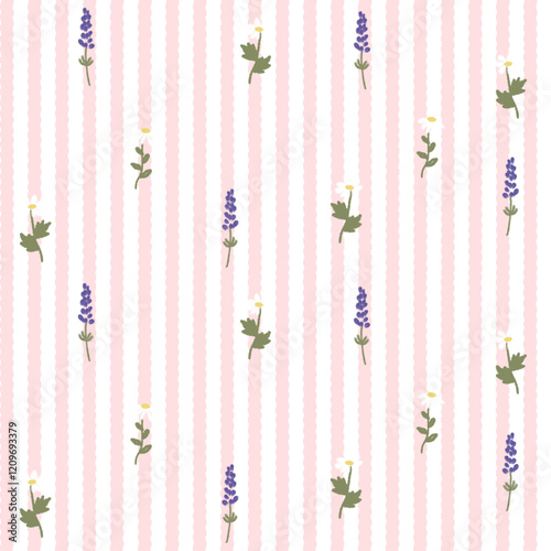 Vector pattern of fabric, wallpaper, wrapping paper, mats and bed sheets. Continuous in various sizes and repeatable. Cute style. Vertical wavy lines decorated with cute daisy and lavender flowers.