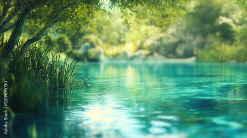 Tranquil turquoise lagoon with soft focus greenery reflecting in serene waters, capturing the essence of a peaceful summer retreat.