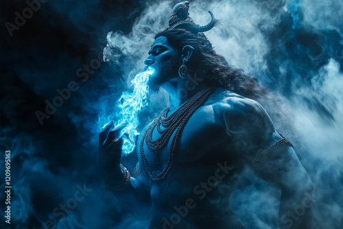 A dramatic representation of Shiva drinking poison (Halahala) during the churning of the ocean (Samudra Manthan) photo