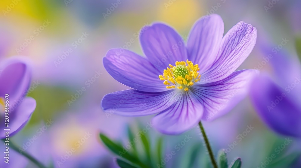 Purple wildflower macro with yellow pollen soft focus natural background blooming in meadow beauty of nature serene floral composition Purple wildflower macro with yellow pollen soft focus natural background blooming in meadow beauty of nature serene floral composition