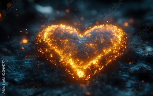 Fiery heart shape glowing in dark.
