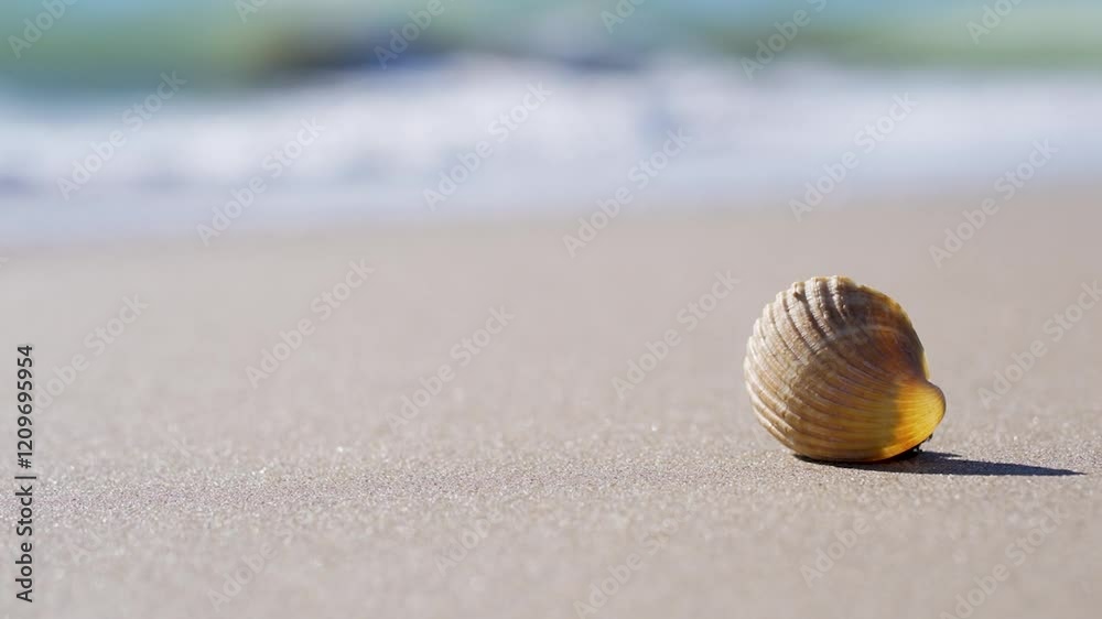the tranquility of the beach. a shell in the foreground, waves breaking in the background out of focus. sunny day tranquility, vacation. tourism. tropical the tranquility of the beach. a shell in the foreground, waves breaking in the background out of focus. sunny day tranquility, vacation. tourism. tropical