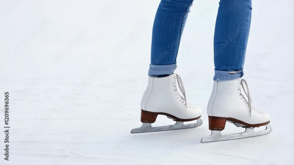 legs in white leather skates and copy space over white ice at rink legs in white leather skates and copy space over white ice at rink