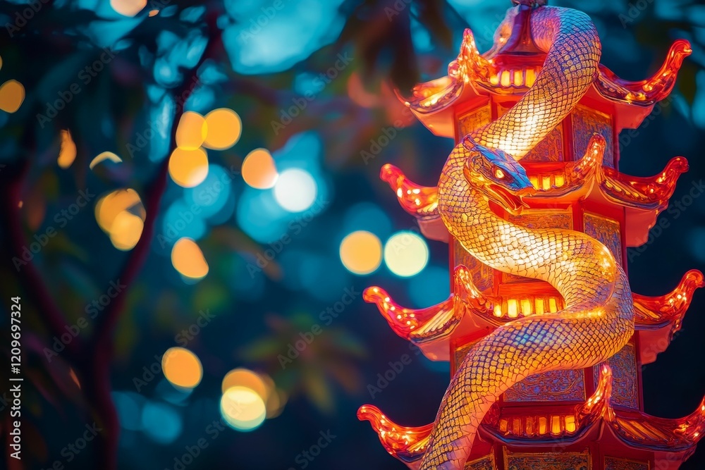 Fototapeta premium Illuminated pagoda, serpentine form, festive bokeh background.