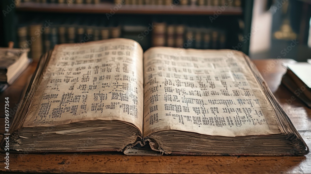 Obraz premium Ancient Book Open on Wooden Table