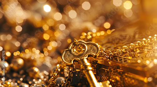 Golden key placed atop a treasure chest symbolizin photo