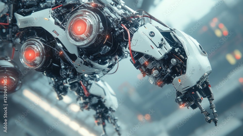 Futuristic robot parts assembling themselves in mid-air Futuristic robot parts assembling themselves in mid-air