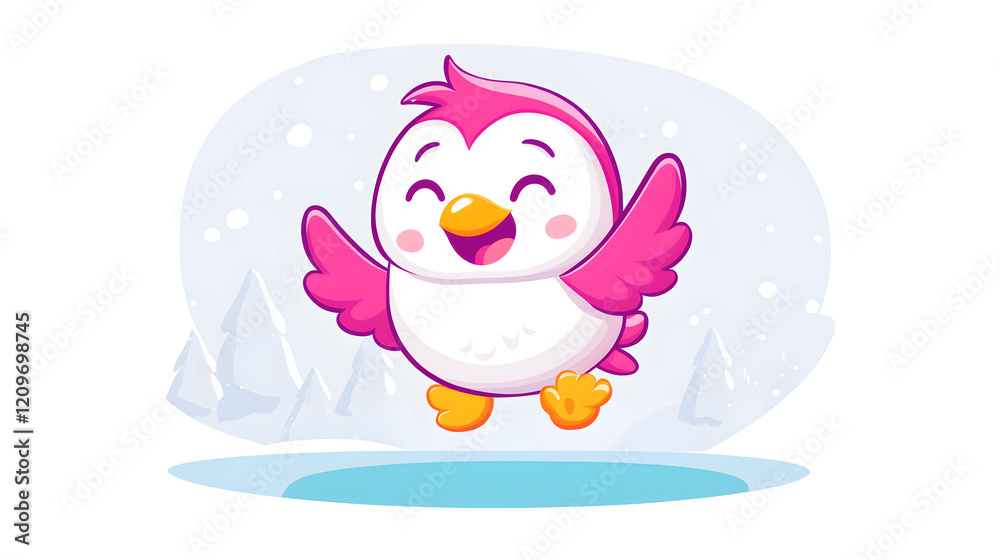 Obraz premium Cheerful cartoon penguin jumping winter wonderland digital art snowy landscape playful concept
