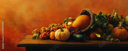 Embrace the harvest season! A side view shot of a wooden table adorned with a cornucopia of crops, including pumpkin and pattypans, set against orange photo