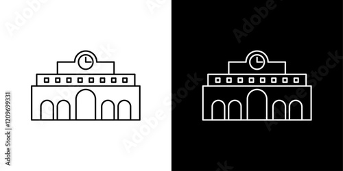 Train station building icon set in black and white stroke