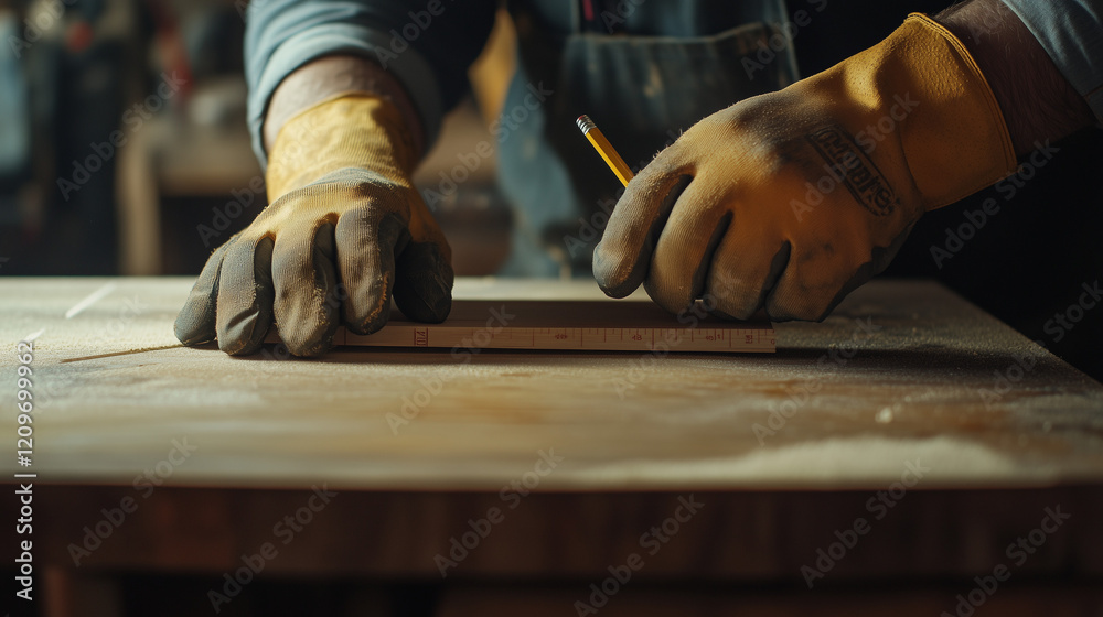 A carpenter wearing gloves uses a tape measure and pencil to make marks on a piece of wood board to be cut on a table saw in a workshop or woodworking industry, woodworking. Happy Carpenter's Day. A carpenter wearing gloves uses a tape measure and pencil to make marks on a piece of wood board to be cut on a table saw in a workshop or woodworking industry, woodworking. Happy Carpenter's Day.