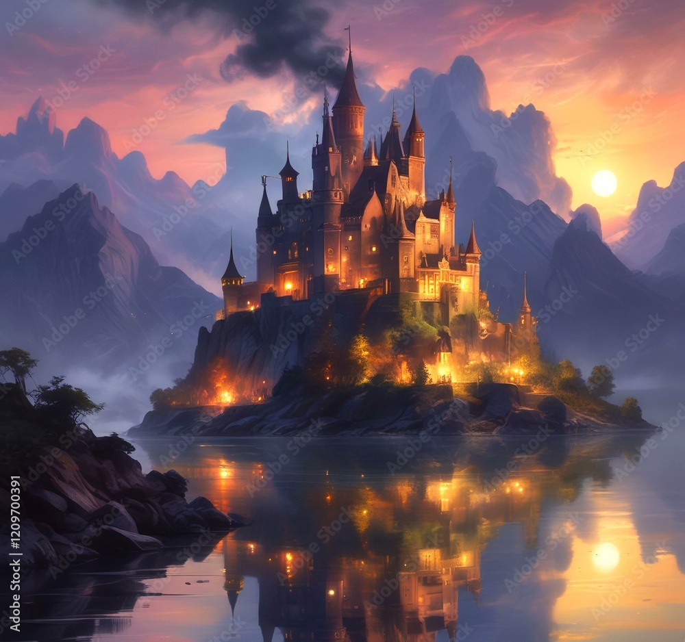 Illustration of glowing mystery tower castle in night.
