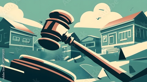 Gavel Over Suburban Homes Representing Legal Disputes