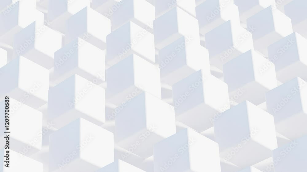 Abstract Monochromatic 3D Animation in White Featuring Uniform Cubes Sliding Smoothly Across a Textured Surface, Perfect for Seamless Motion and Modern Design Abstract Monochromatic 3D Animation in White Featuring Uniform Cubes Sliding Smoothly Across a Textured Surface, Perfect for Seamless Motion and Modern Design