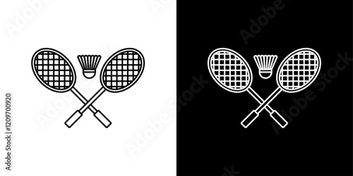 Badminton icons set in thin black and white liner strokes