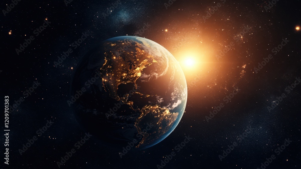 Naklejka premium A stunning aerial view of Earth showcasing the sun rising majestically over the horizon, illuminating the landscape with warm hues of dawn.